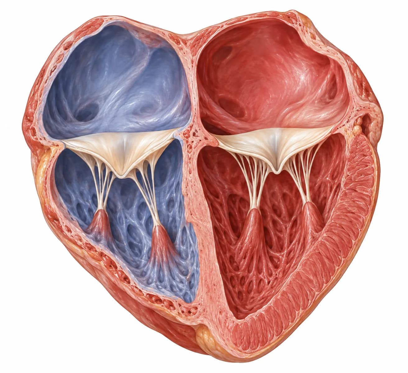 Cut-away illustration of cardiac anatomy used in NurseNest cardiovascular lessons, showing the four chambers, the valves and the chordae tendineae.