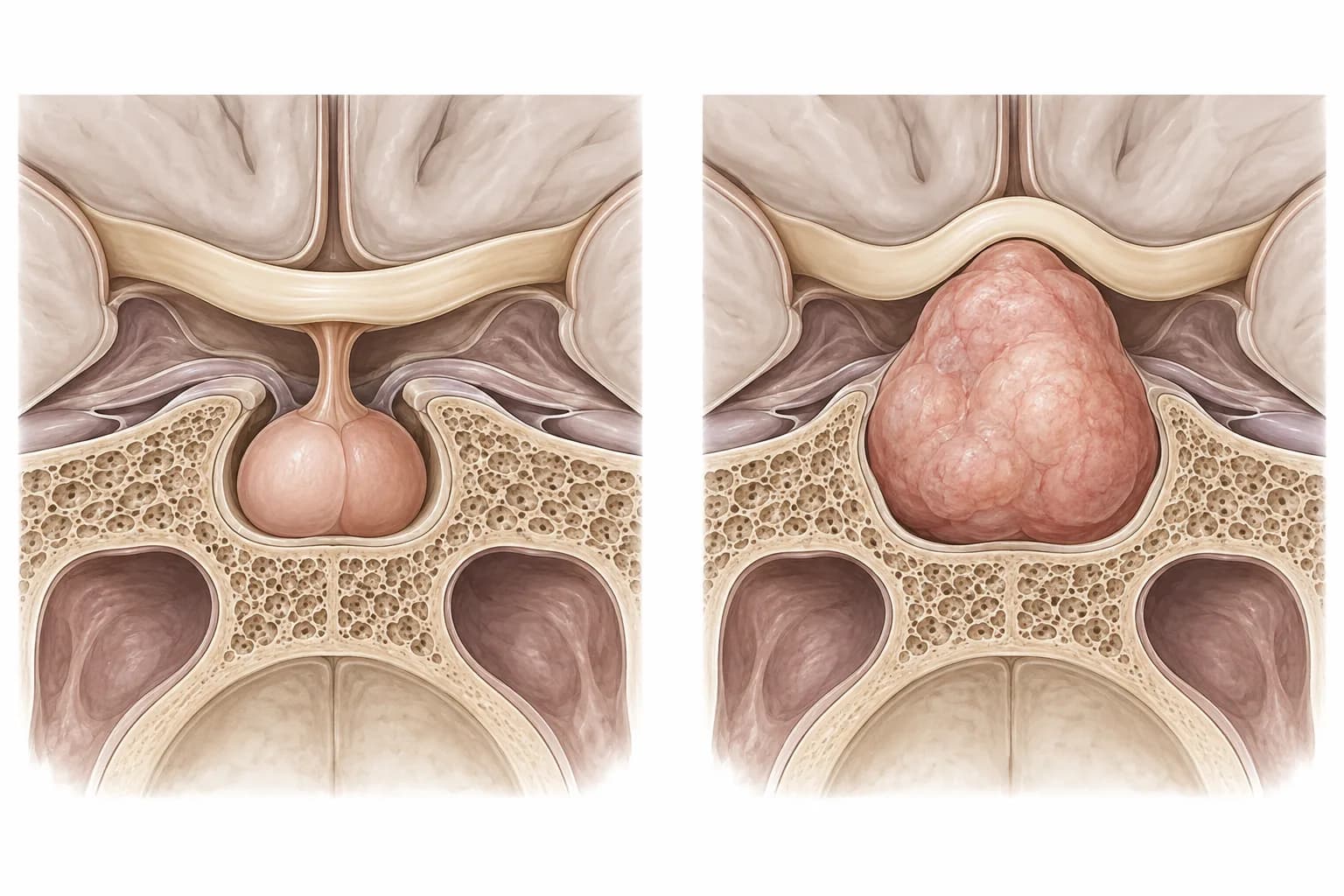 Illustration from NurseNest endocrine lessons comparing a normal pituitary gland in its bony seat with an enlarged pituitary tumour pushing up against the optic chiasm.