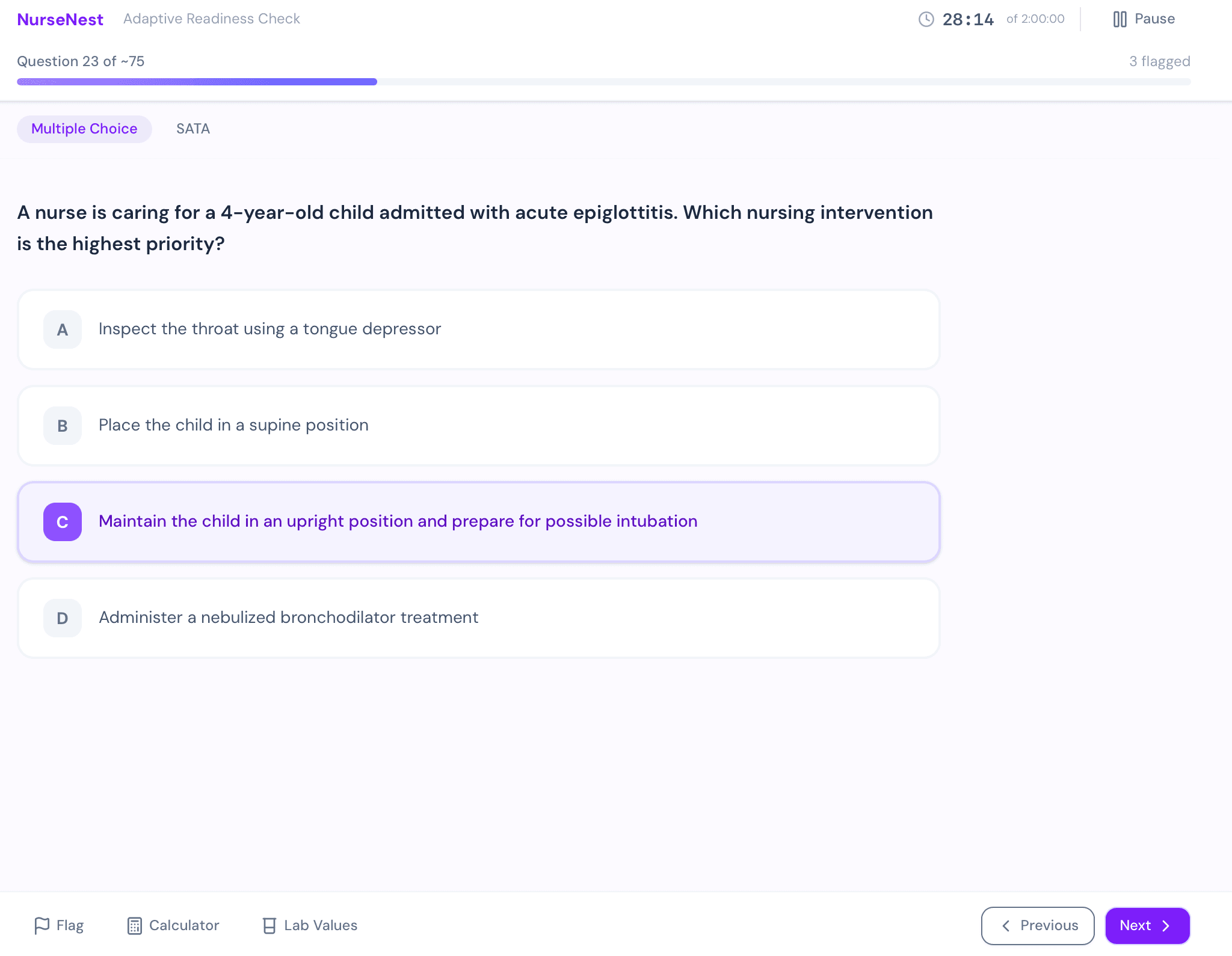 NurseNest CAT results page showing a large readiness score, a 3-card summary row, and a weak-areas section with topic bars.