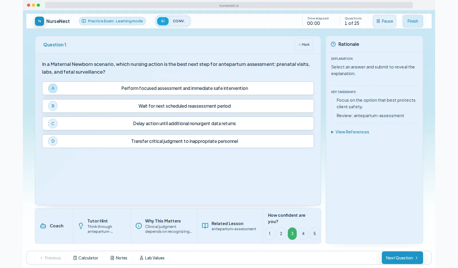 Completed NCLEX-RN practice question showing selected answer, correct answer, and clinical teaching rationale.