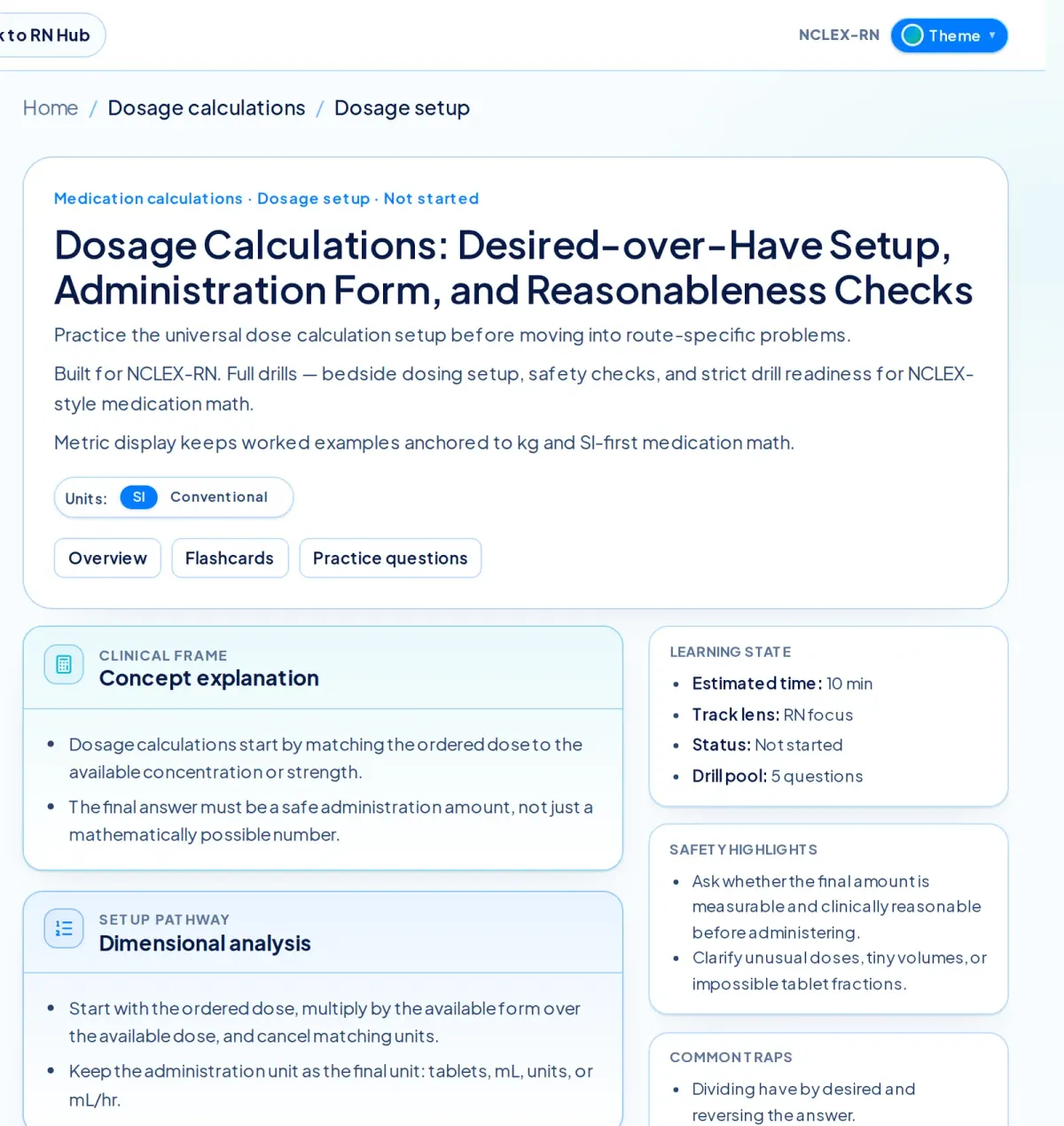 NurseNest Medication Math workstation showing High-Stakes Medication Safety Training with 13 categories, 65 questions and 65 flashcards, a topic list from Dosage calculations to Weight-based dosing, and a mastery progress bar.