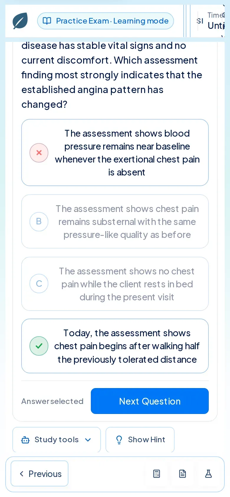 NurseNest practice question on a phone screen, answered, with the rationale panel visible below the answer options.
