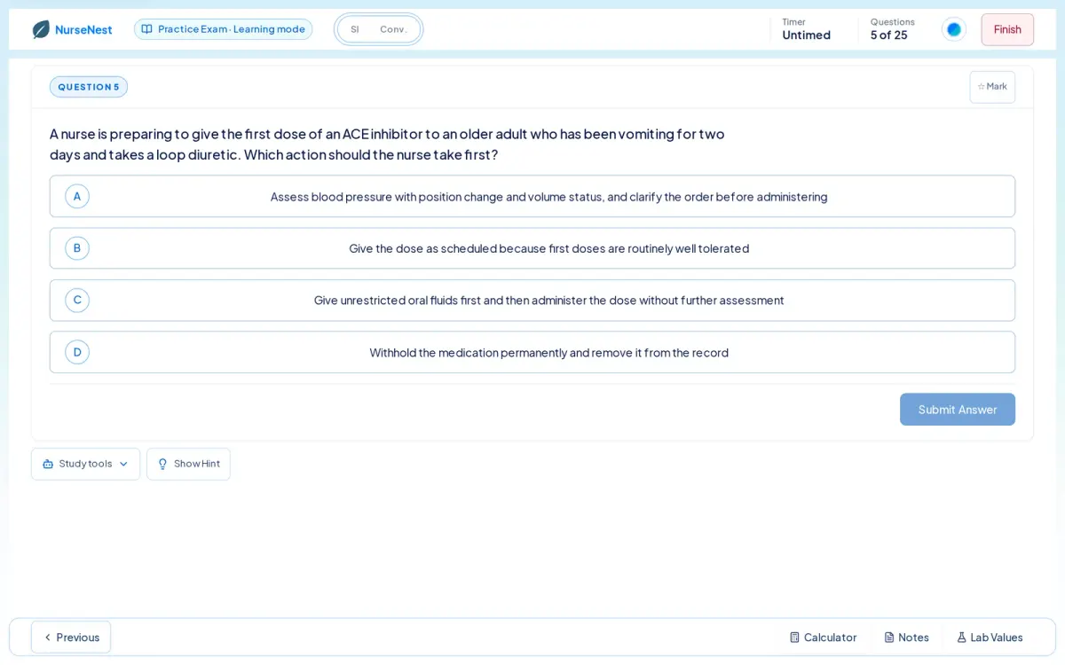 NurseNest practice question about giving a first dose of an ACE inhibitor to an older adult who has been vomiting, with four answer options, a Submit Answer button, Show Hint, and Calculator, Notes and Lab Values tools.