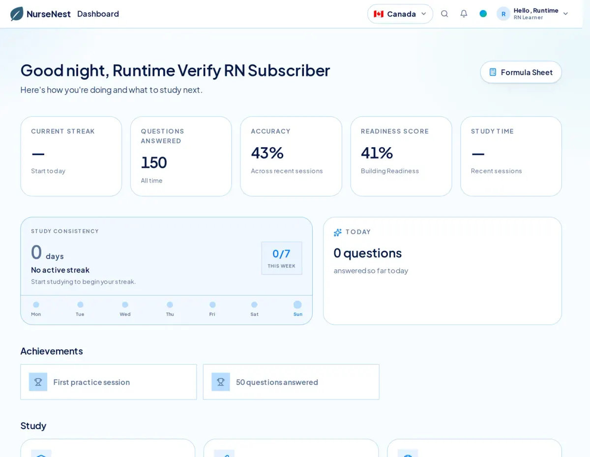 NurseNest Study tools page showing Current streak, 150 questions answered, 43 percent accuracy, 41 percent readiness score, a weekly study consistency tracker, achievements, and a Formula Sheet button.